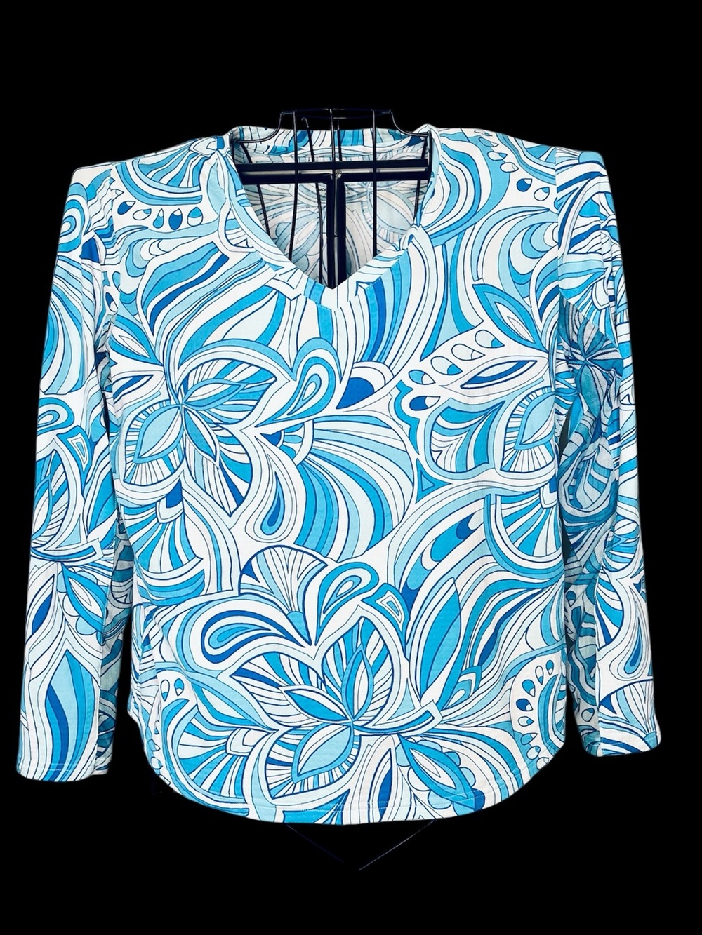 Icikuls XL Golf Pickleball Blue White Floral Mesh Long Sleeve Top Flaws!